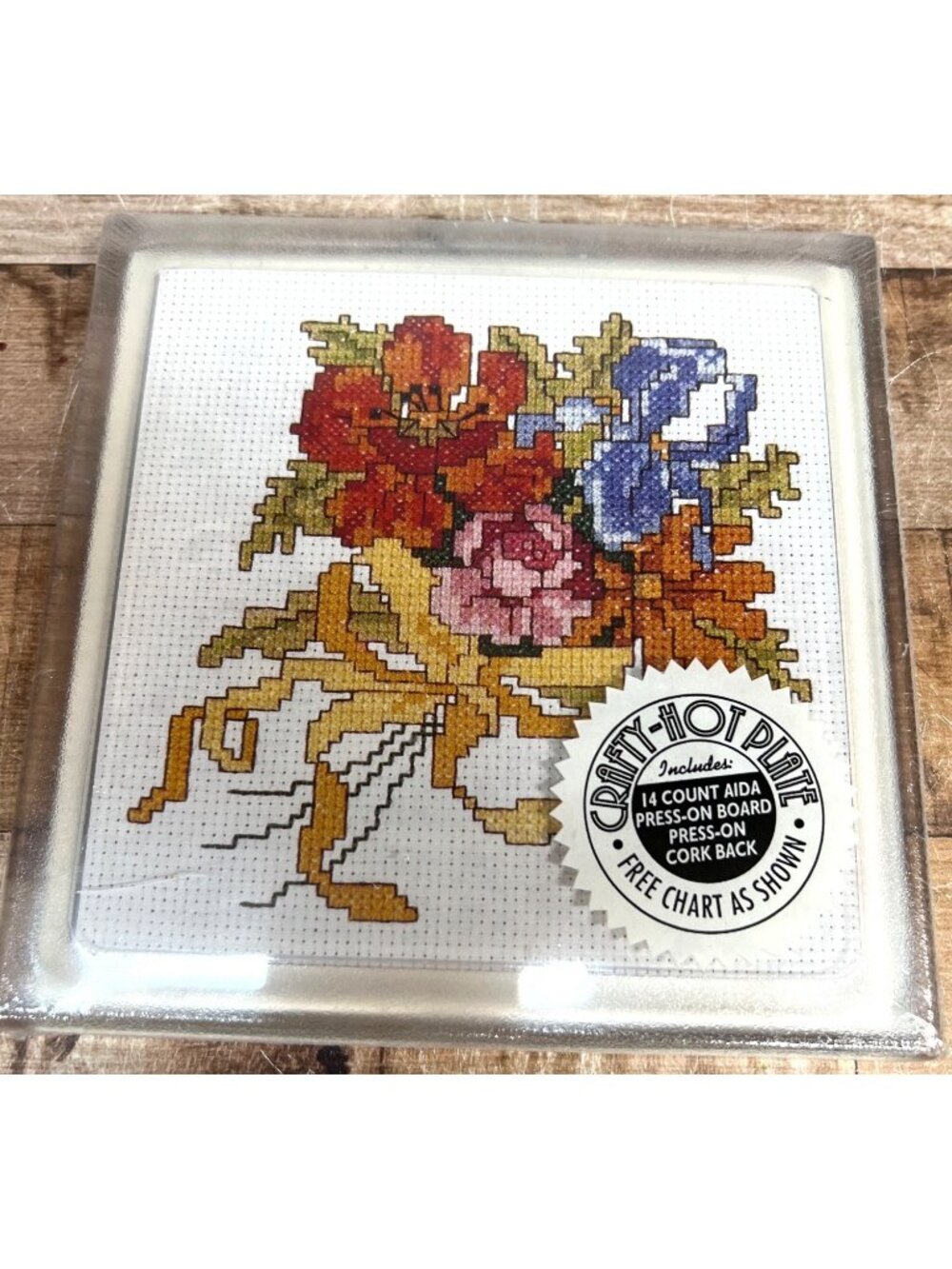 Spring Bouquet Crafty Hot Plate With 14 Count Aida Press-On Board Cork Back Char